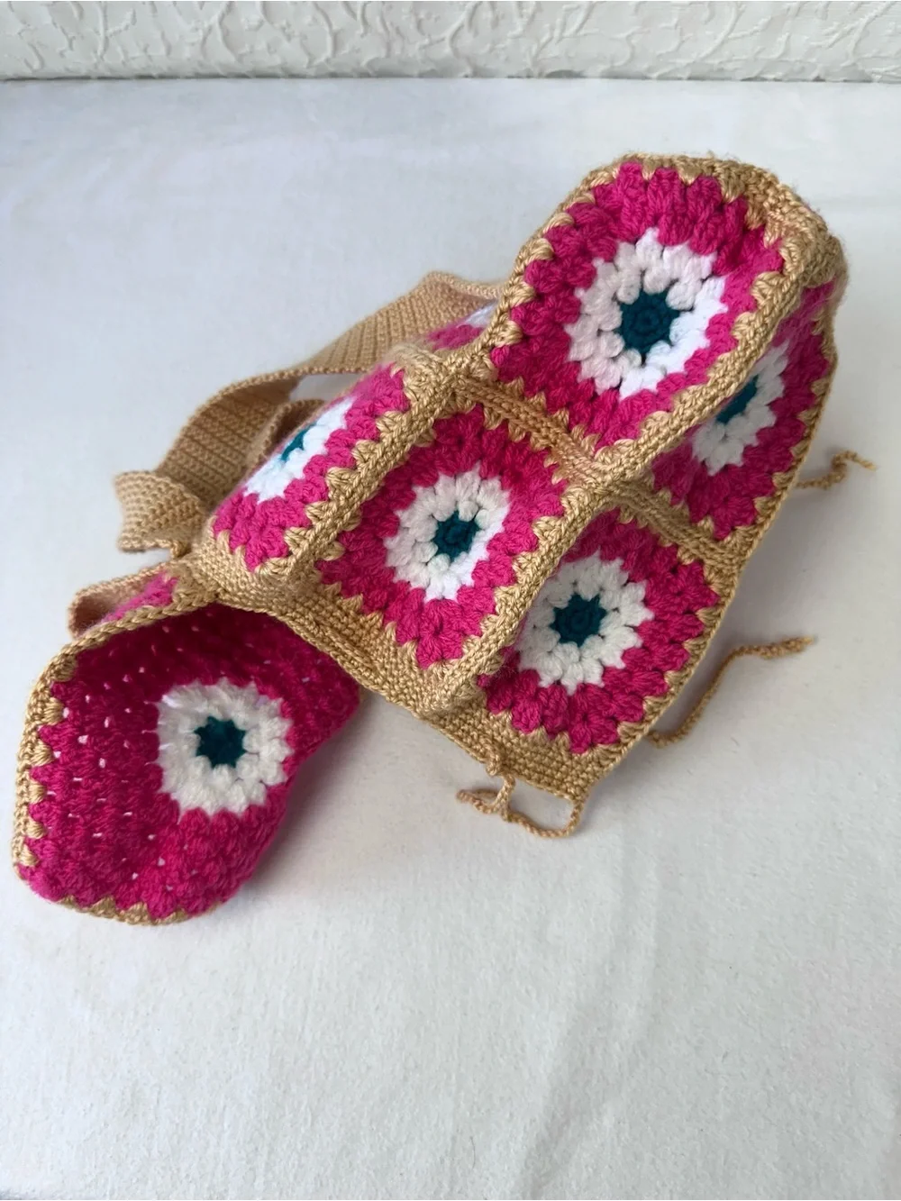 Handmade Pink Crochet Mini Backpack with Gold Trim